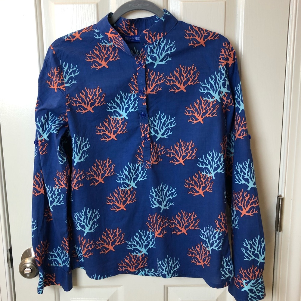 Three Islands Blue and Orange/Red Coral on Blue